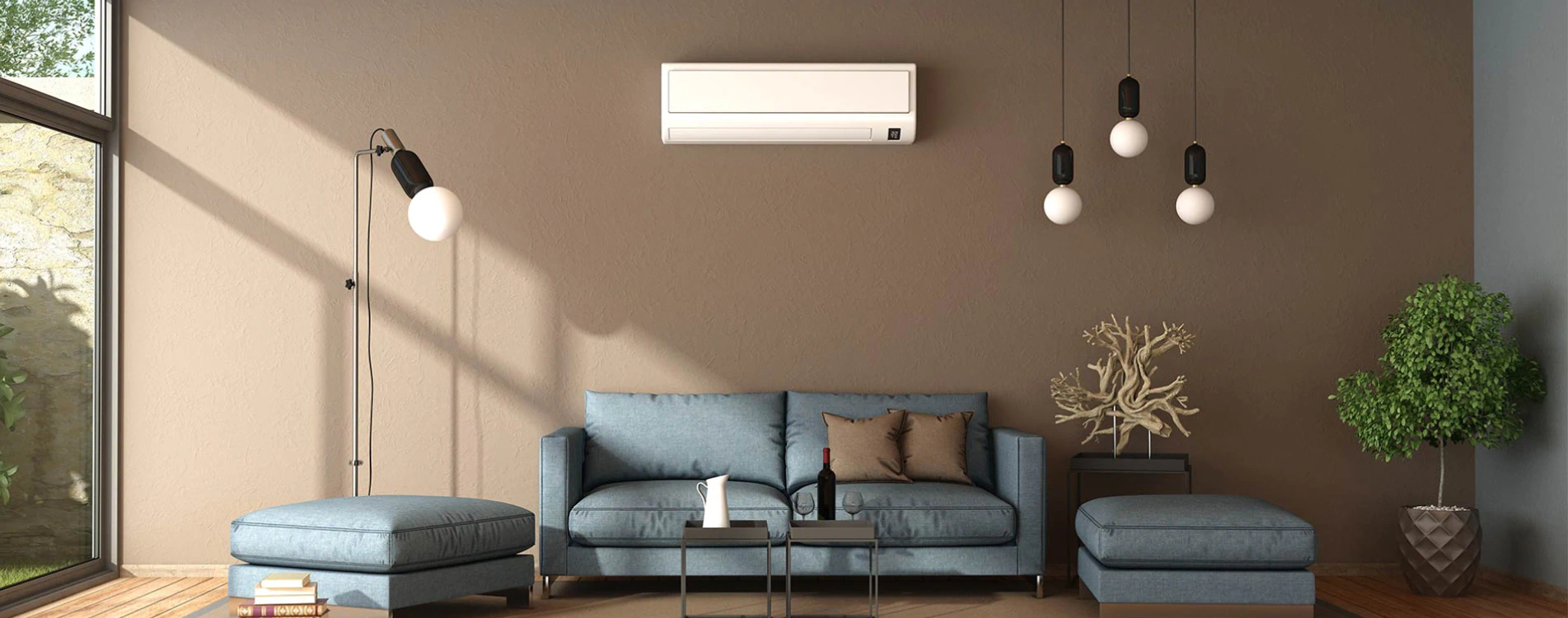 blue and brown living room with air conditioner